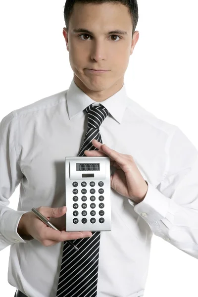 Бізнесмен з калькулятором, що показує звіти — стокове фото