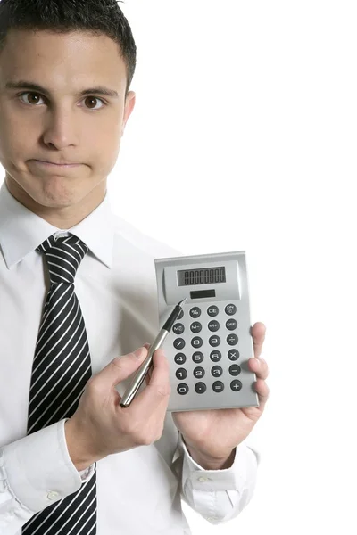 Бизнесмен с калькулятором показывает отчеты — стоковое фото