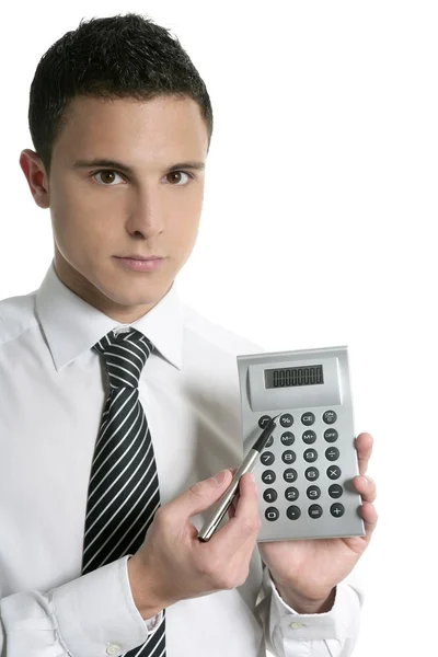 Empresário com calculadora mostrando relatórios — Fotografia de Stock