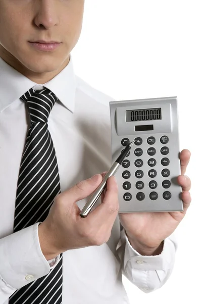 Empresario con calculadora mostrando informes — Foto de Stock