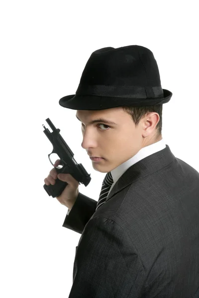 Portrait mafieux classique, homme avec costume noir et pistolet — Photo