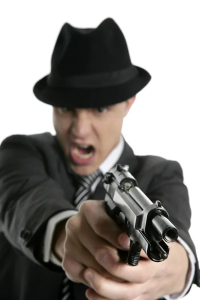 Retrato clásico de la mafia, hombre con traje negro y pistola — Foto de Stock