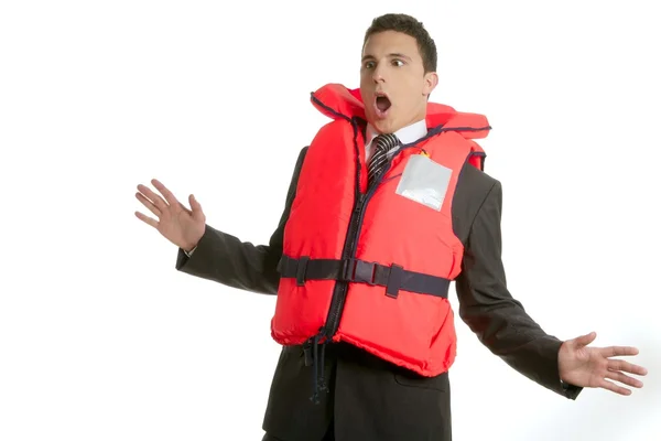 Uomo d'affari che affonda in crisi, metafora del giubbotto di salvataggio — Foto Stock