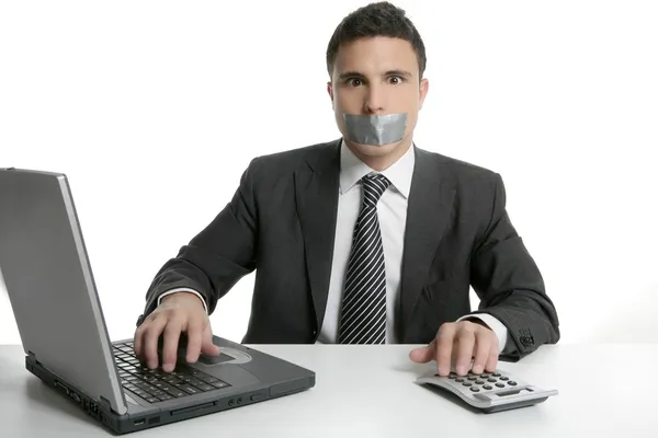 Silence with tape on mouth, businessman office — Stock Photo, Image