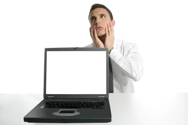 Biznesmen z laptopa, bad news — Zdjęcie stockowe