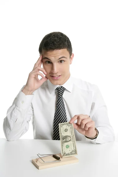 Businessman and dollar in a mouse trap — Stock Photo, Image