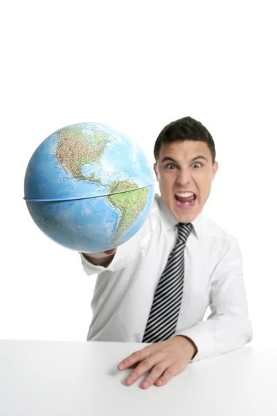 Uomo d'affari gioca con la sfera mappa globale — Foto Stock