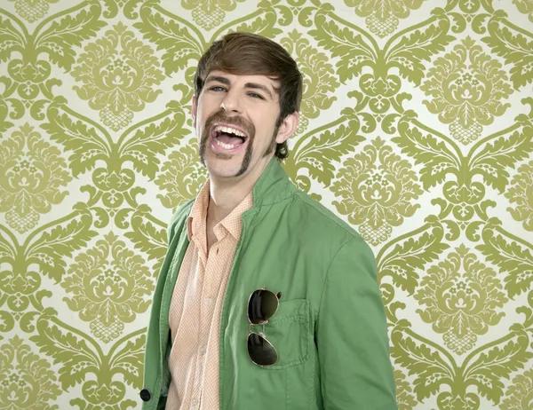 Eccentric retro mustache geek man salesperson — Stock Photo, Image