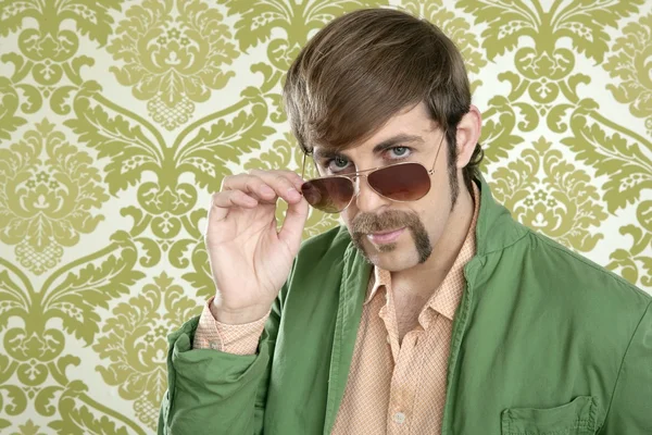 Geek retro salesperson man funny mustache — Stock Photo, Image