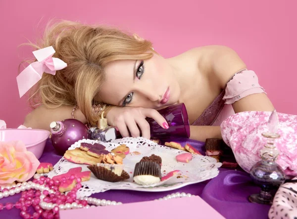Drunk party princess barbie pink fashion woman — Stock Photo, Image