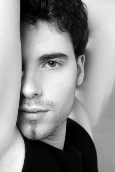 Black and white young man face portrait — Stock Photo, Image