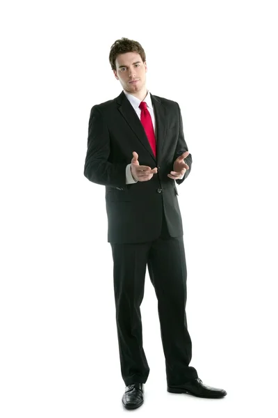 Comprimento completo terno homem de negócios falar mãos gesto — Fotografia de Stock