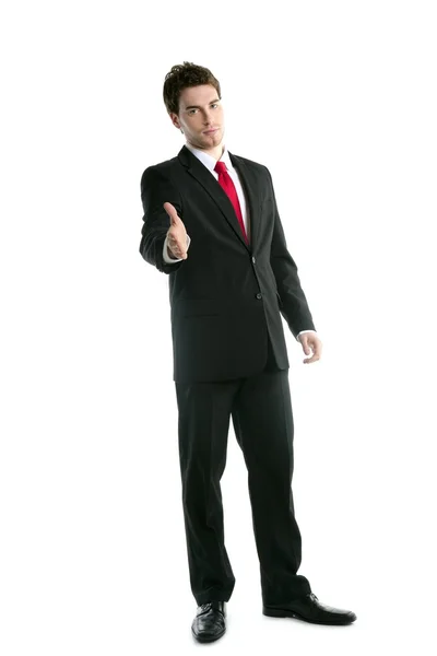 Full length suit businessman friendly handshake — Stock Photo, Image