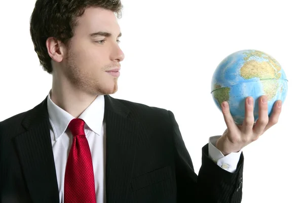Tien üzletember ruha világtérkép labda a kézben — Stock Fotó