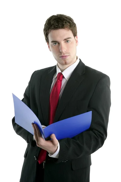 Бизнесмен держит синюю открытую папку — стоковое фото
