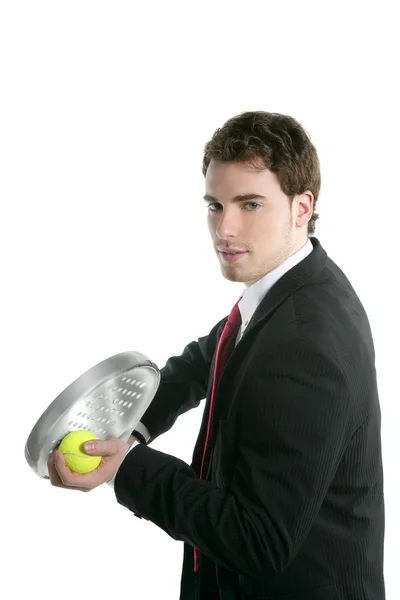 Biznesmen komplet krawat przytrzymanie rakieta tenis wiosła — Zdjęcie stockowe