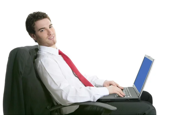 Empresário bonito sentar cadeira trabalhando laptop — Fotografia de Stock
