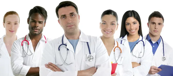 Gruppo di team di medici in fila sfondo bianco Foto Stock