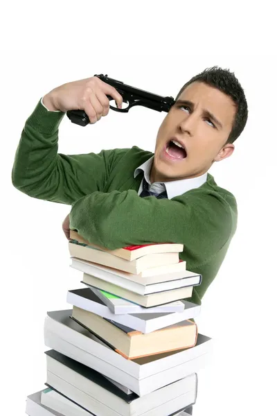 Unhappy sad student suicide gun metaphor Stock Picture