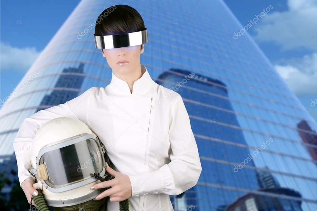 Futuristic spaceship aircraft astronaut helmet woman