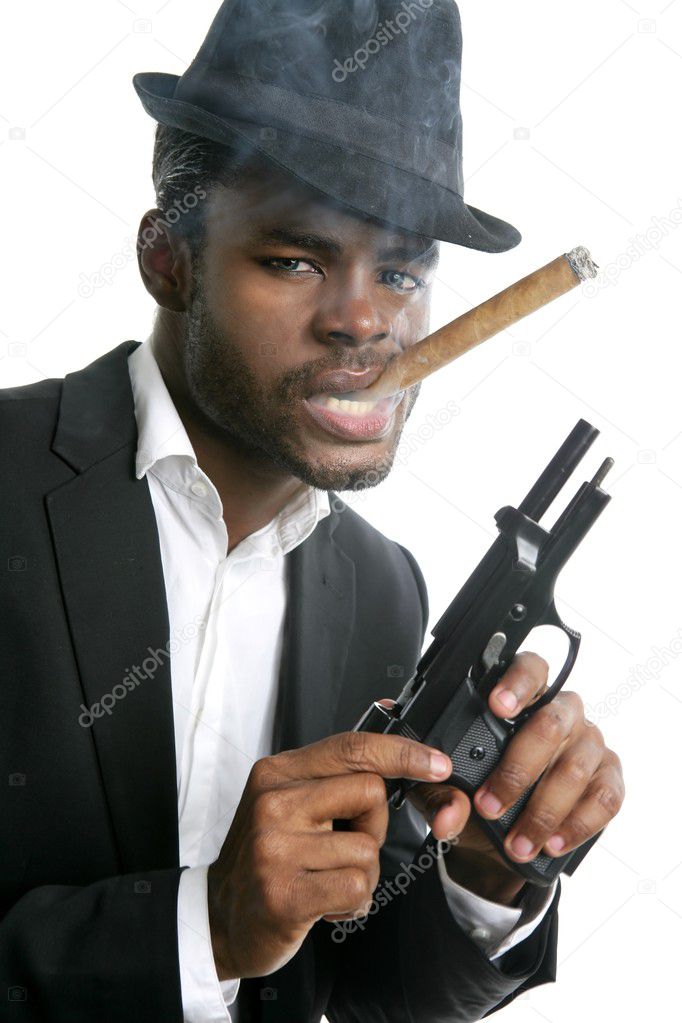 African american mafia man smoking cigar