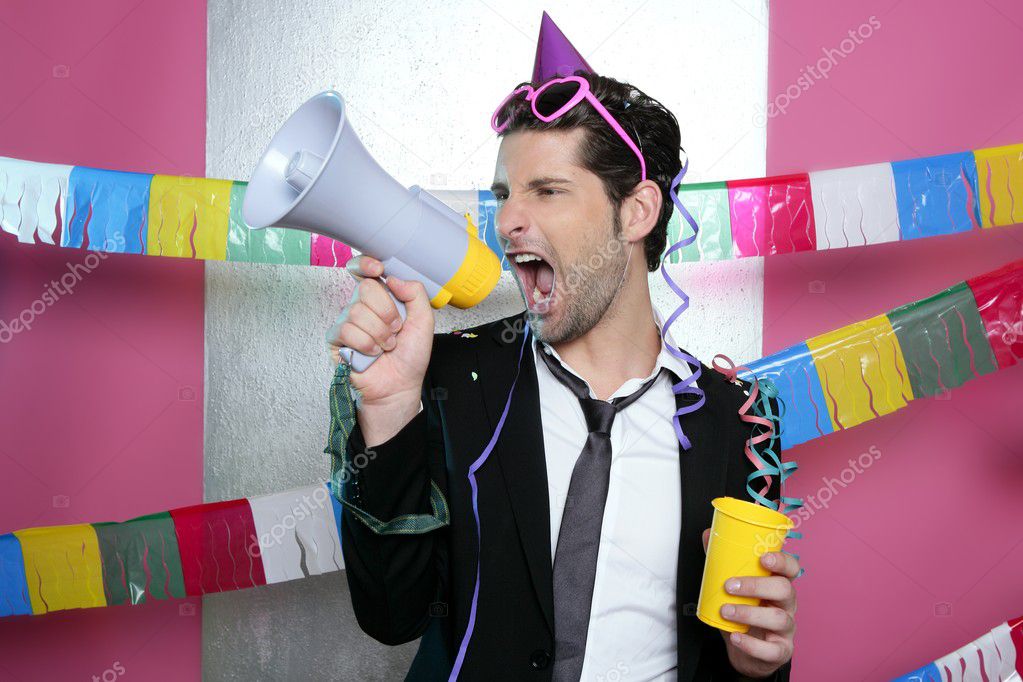 Loudspeaker crazy party man shouting happy