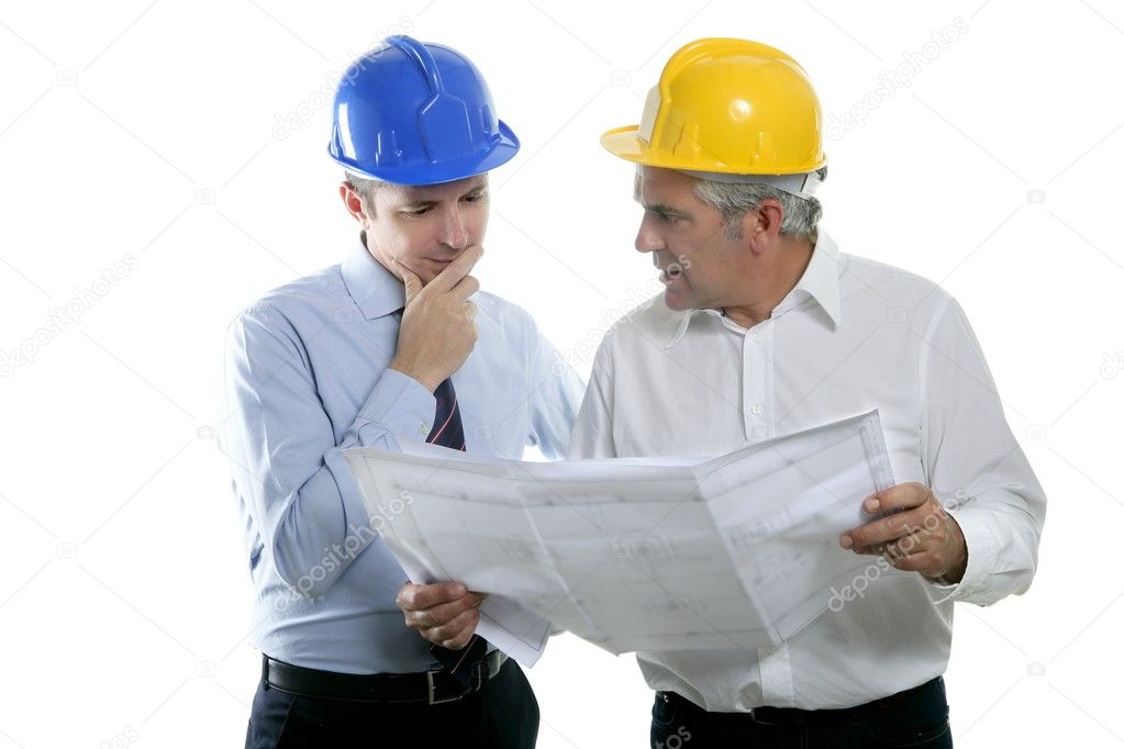 Engineer architect two expertise team plan hardhat