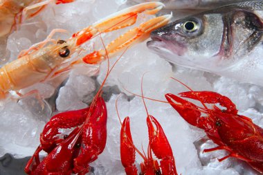 Seafood in market over ice clipart