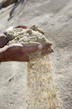 Gravel sand in man hands in quarry background clipart