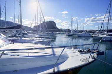 Beautiful marina, sailboats and motorboats clipart