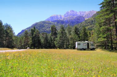 Camper autocaravan meadow in Pyrenees mountain clipart