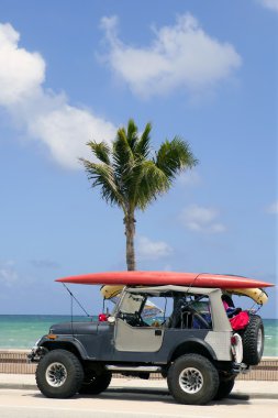 Florida surfer car with surfboard blue sky clipart