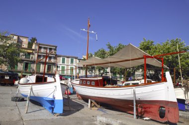 Mallorca Soller port harbor with wooden boats clipart