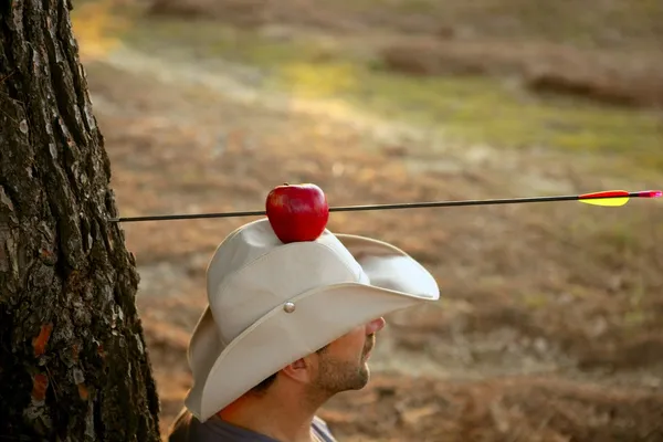 William Tell metaphor, apple and arrow in forest — Stock Photo, Image