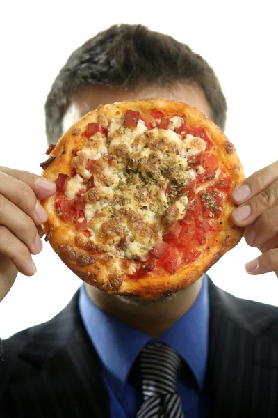 Zakenman en ongewenste fastfood, pizza — Stockfoto
