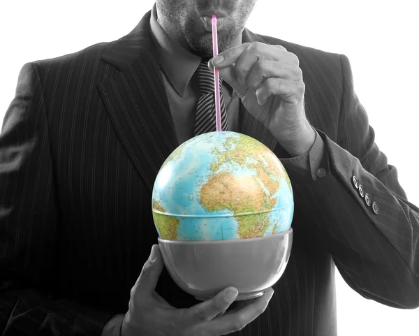 Empresario bebidas mundo, metáfora líder de poder — Foto de Stock