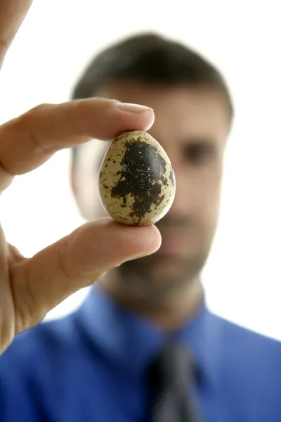Zakenman houden een kwartel fragiele ei — Stockfoto