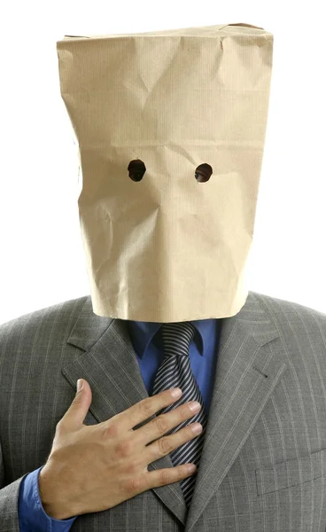 Empresário com saco de papel na cabeça — Fotografia de Stock