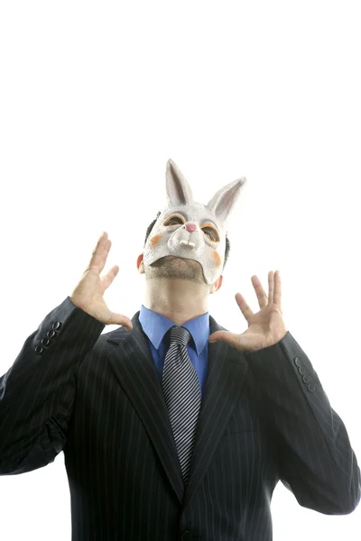 Biznesmen z maską zabawny królik — Zdjęcie stockowe