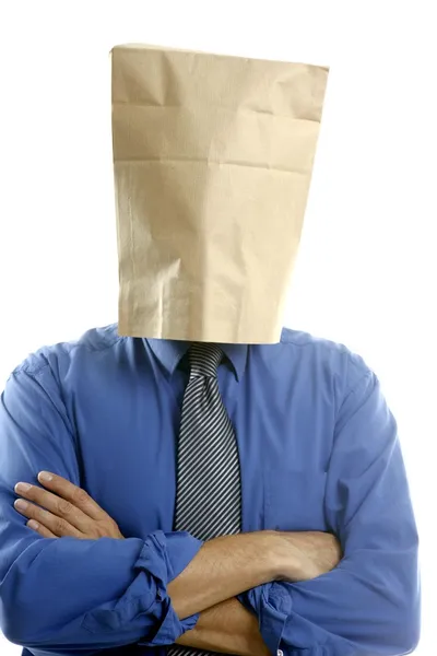 Empresario con bolsa de papel en la cabeza — Foto de Stock