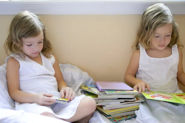 Hermosa doble niñas haciendo los deberes — Stockfoto