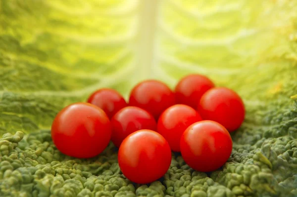 Tomates cereja e folha de repolho — Fotografia de Stock