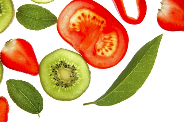 stock image Bay tree leaf, strawberry, red pepper, kiwi and tomato