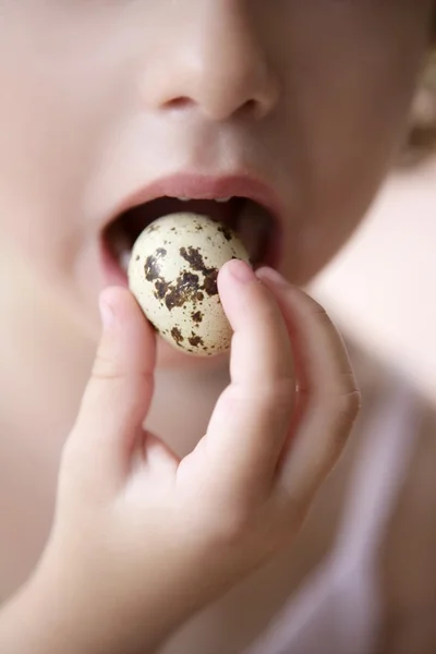 Bıldırcın yumurta tutan küçük bir kız — Stok fotoğraf
