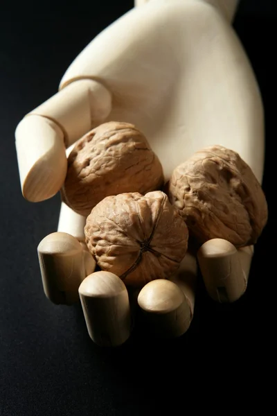 Manekin drewniany ręki trzymającej trzy orzechy włoskie — Zdjęcie stockowe