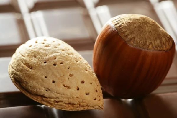 Hazelnuts, almonds and chocolate — Stock Photo, Image