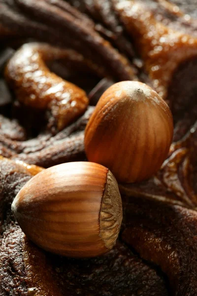 Lískové ořechy a čokoláda hnědá lahodný dort — Stock fotografie
