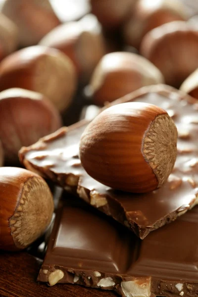 Avellanas y chocolate en ambiente marrón — Foto de Stock