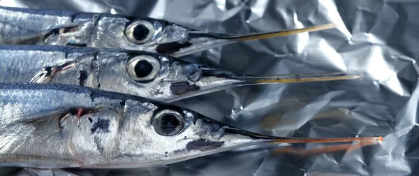 針の魚を 3 匹、未調理マクロ スタジオ ショット — ストック写真