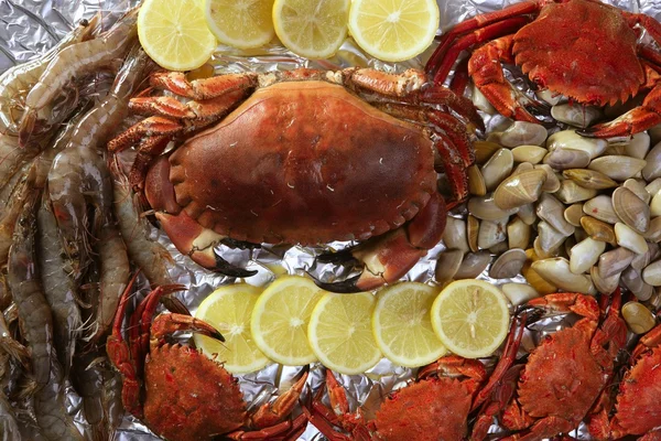 Crabs tellin shrimp clams and lemon — Stock Photo, Image